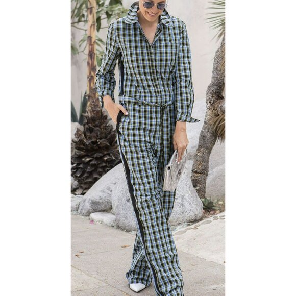 Burberry Jumpsuit Check Tie Waist Azure Blue Size 6 NWT - Picture 2 of 12